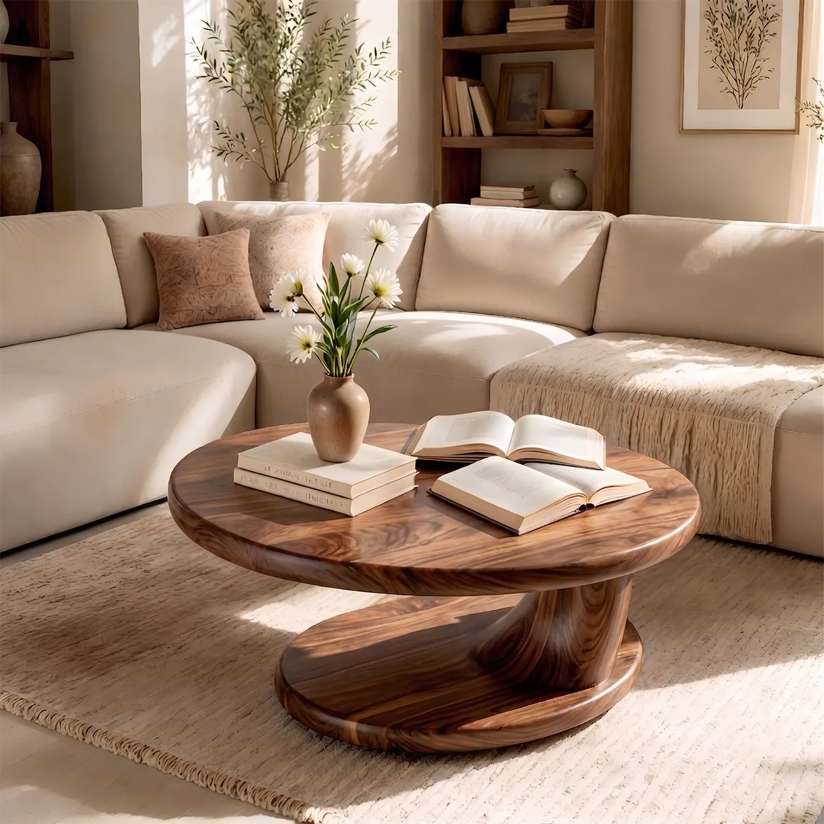 Round Solid Wood Coffee Table with Open Shelf | Modern Sculptural Living Room Table TT006-1486