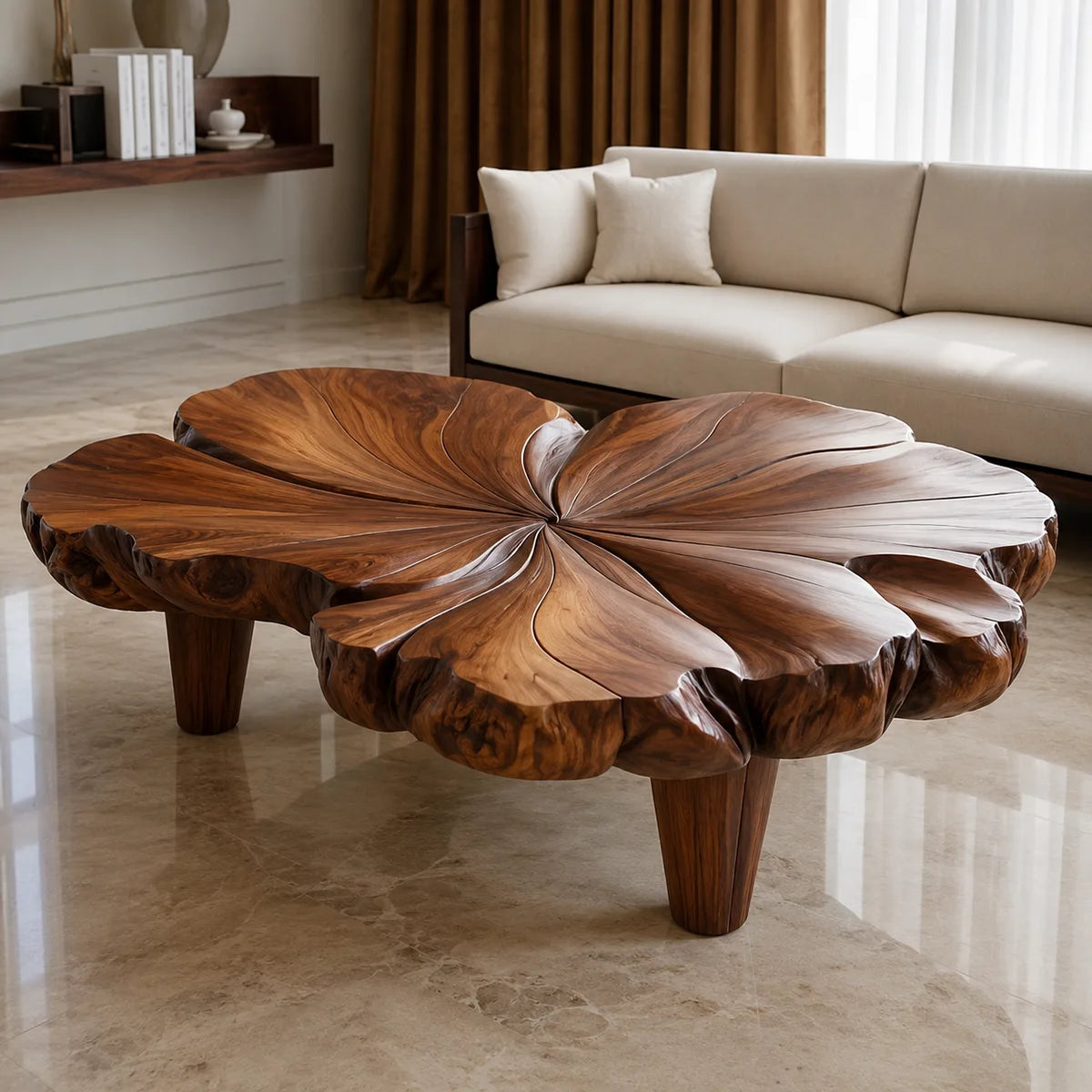 Handcrafted Solid Wood Flower Coffee Table with Sculpted Petal Top TT006-9465