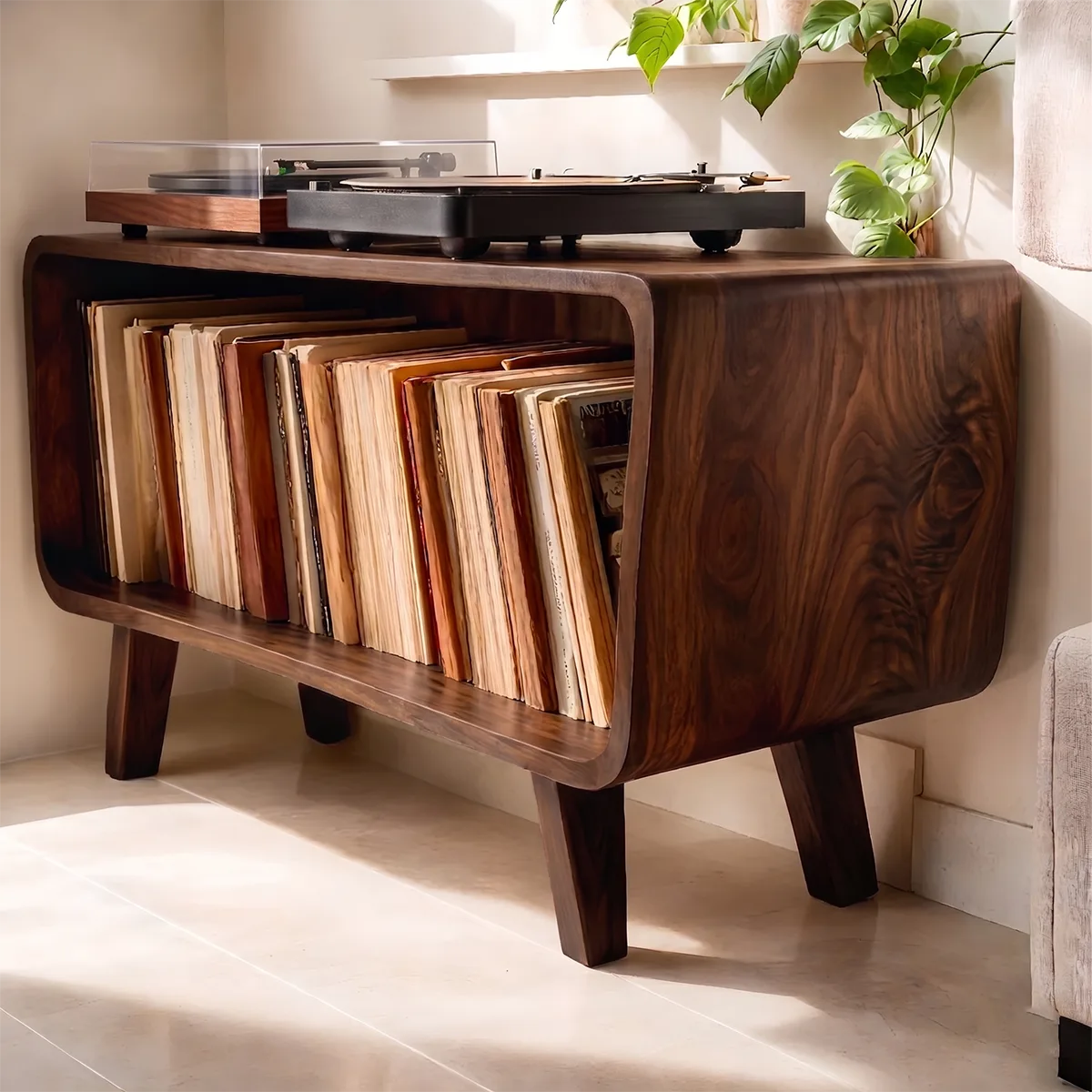 Mid-Century Solid Wood Record Storage Console, Media Player Stand For Home Decor