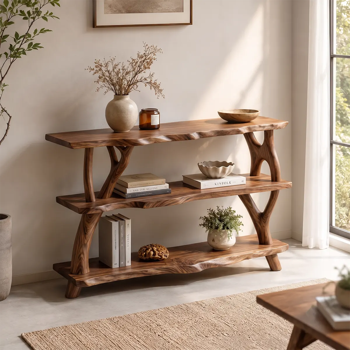 Rustic Live Edge Console Table | Natural Solid Wood Entryway Console with Open Display Shelves TT006-6390