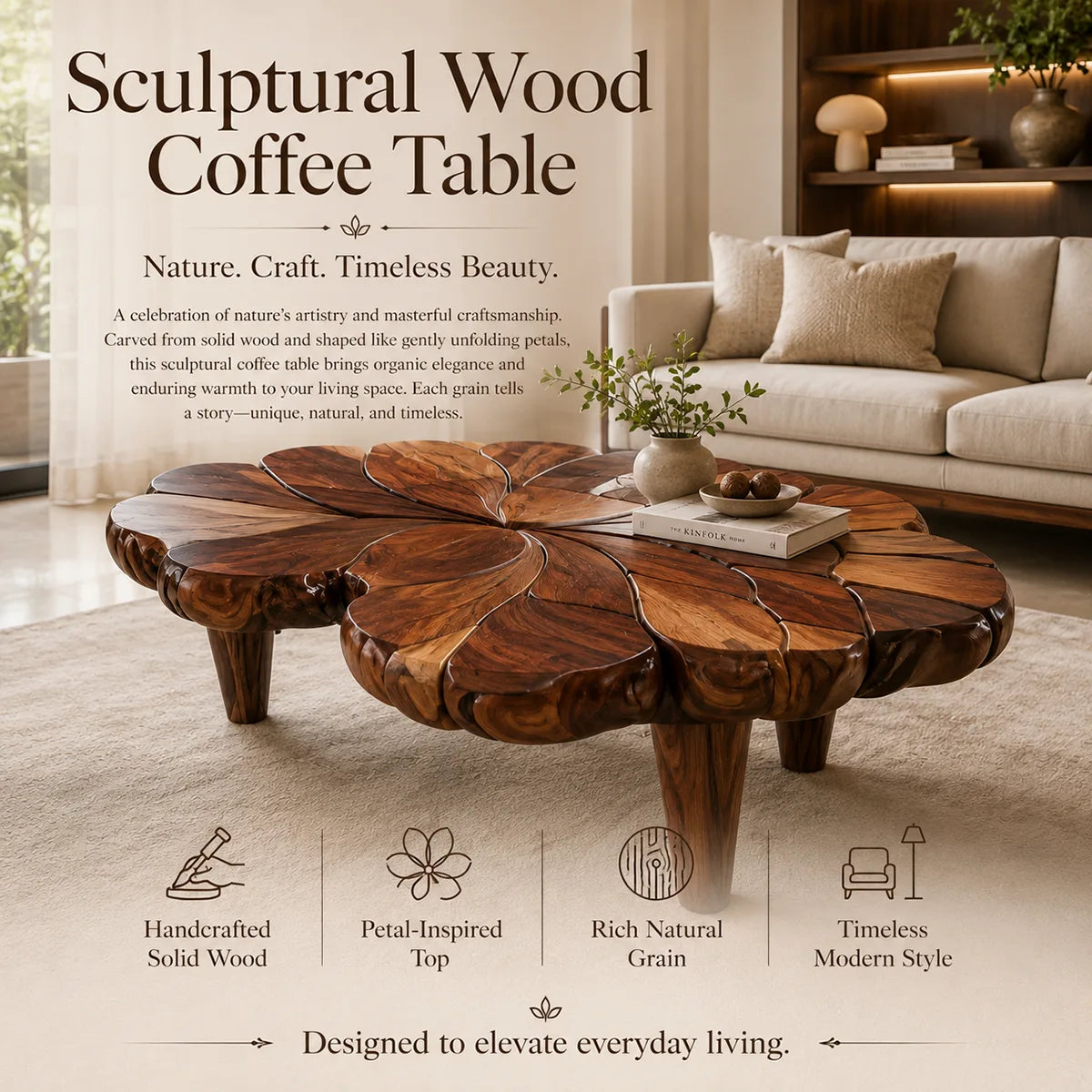 Handcrafted Solid Wood Flower Coffee Table with Sculpted Petal Top TT006-6613