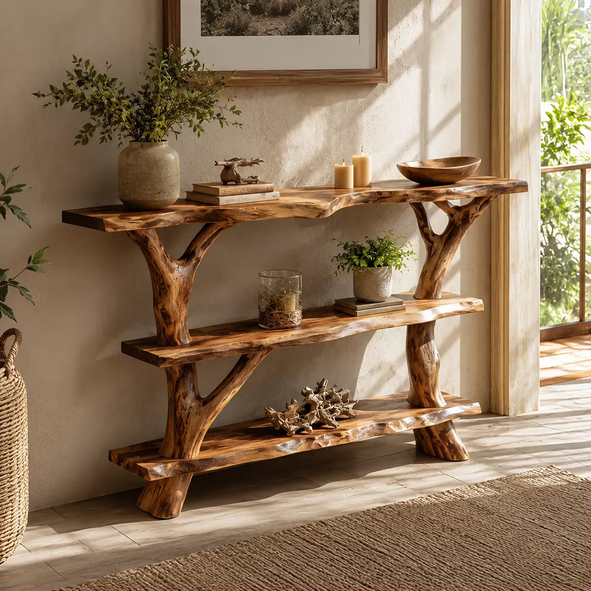 Rustic Live Edge Console Table | Solid Wood Entryway Console with Branch Base & Open Shelving TT006-1809