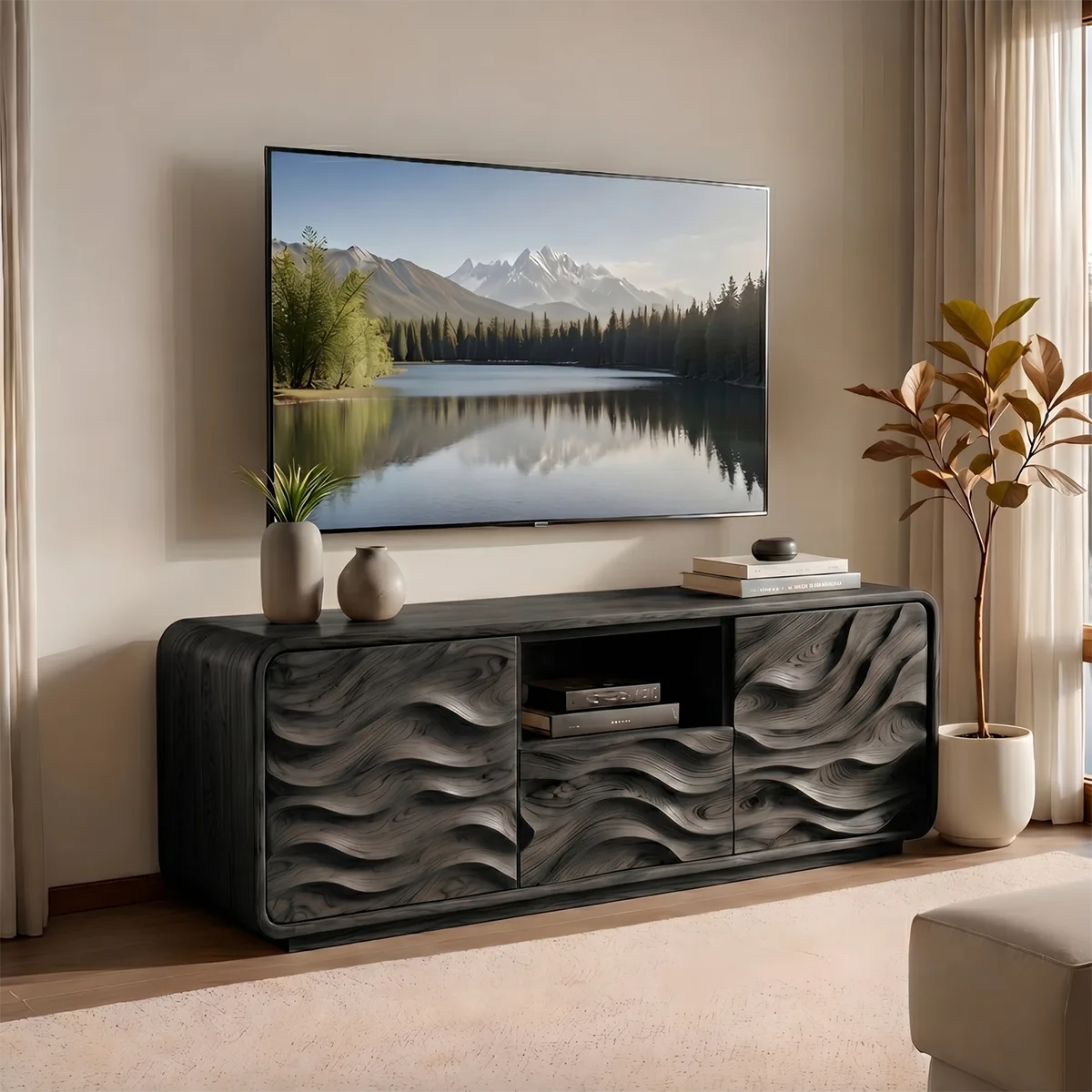 Modern Solid Wood Rounded TV Stand with Full Wavy Carved Facade
