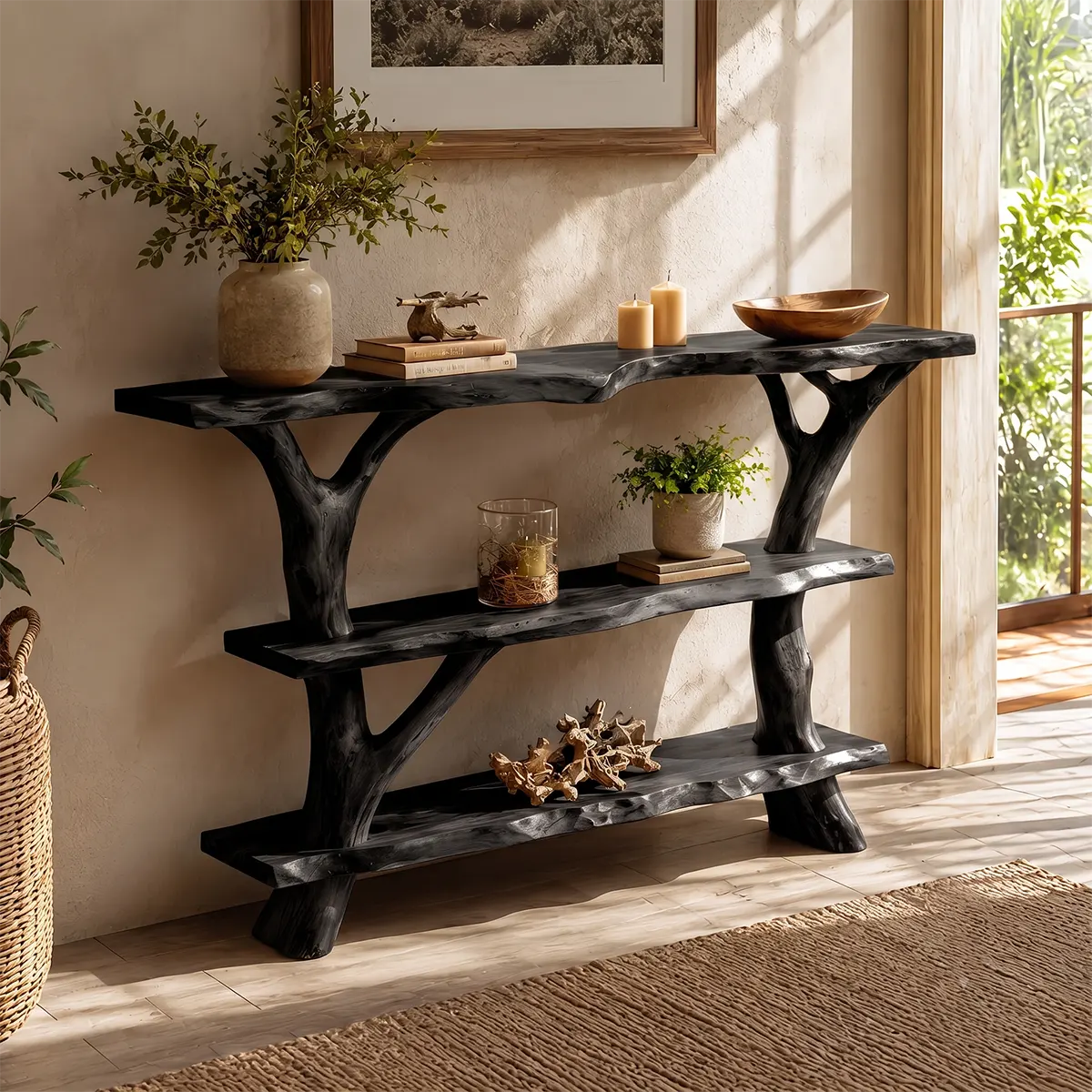 Rustic Live Edge Console Table | Solid Wood Entryway Console with Branch Base & Open Shelving TT006-1809