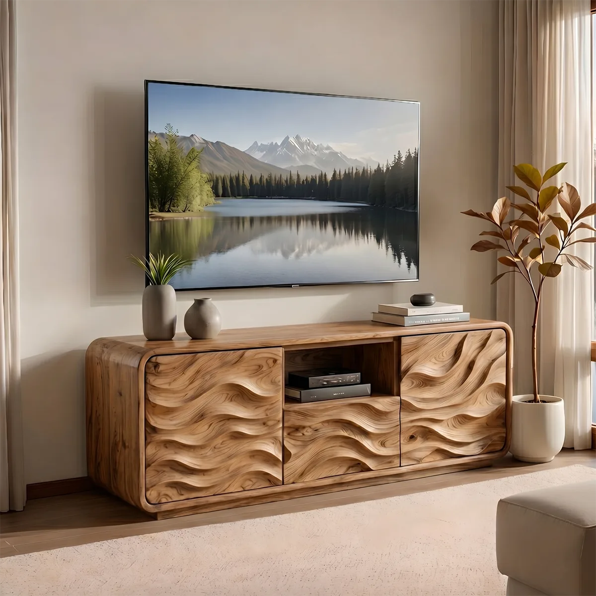 Modern Solid Wood Rounded TV Stand with Full Wavy Carved Facade