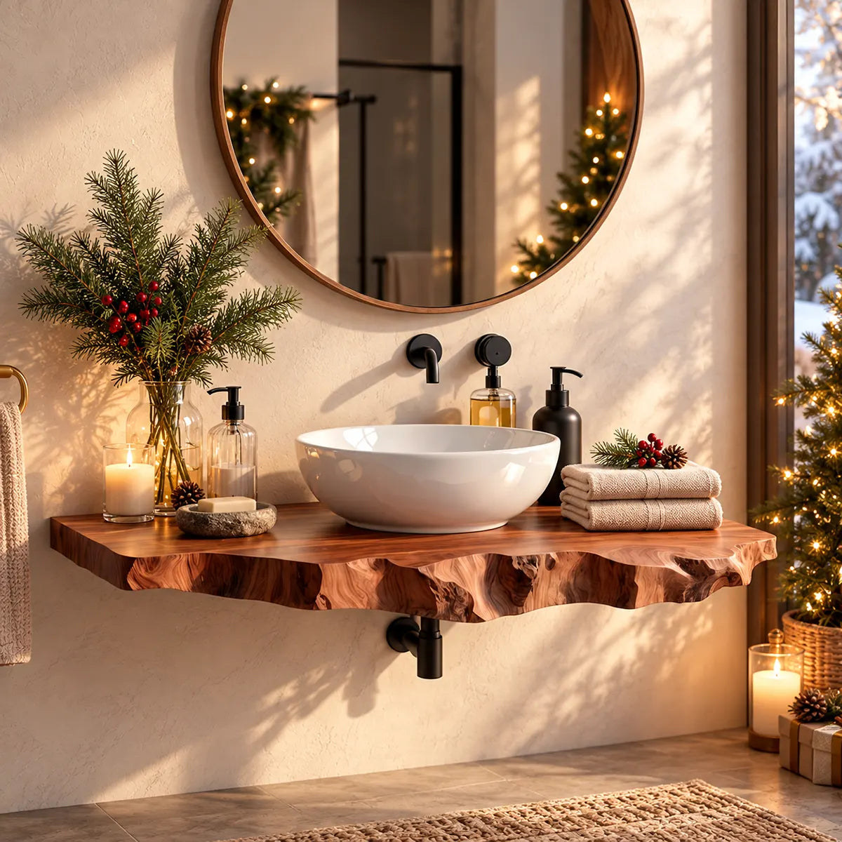 Organic Floating Bathroom Vanity with Dramatic Live Edge | Wall Mounted Vanity Top TT006-7BKW7OD