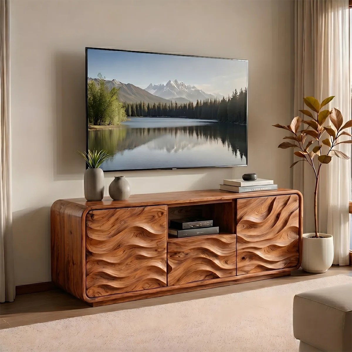Modern Solid Wood Rounded TV Stand with Full Wavy Carved Facade