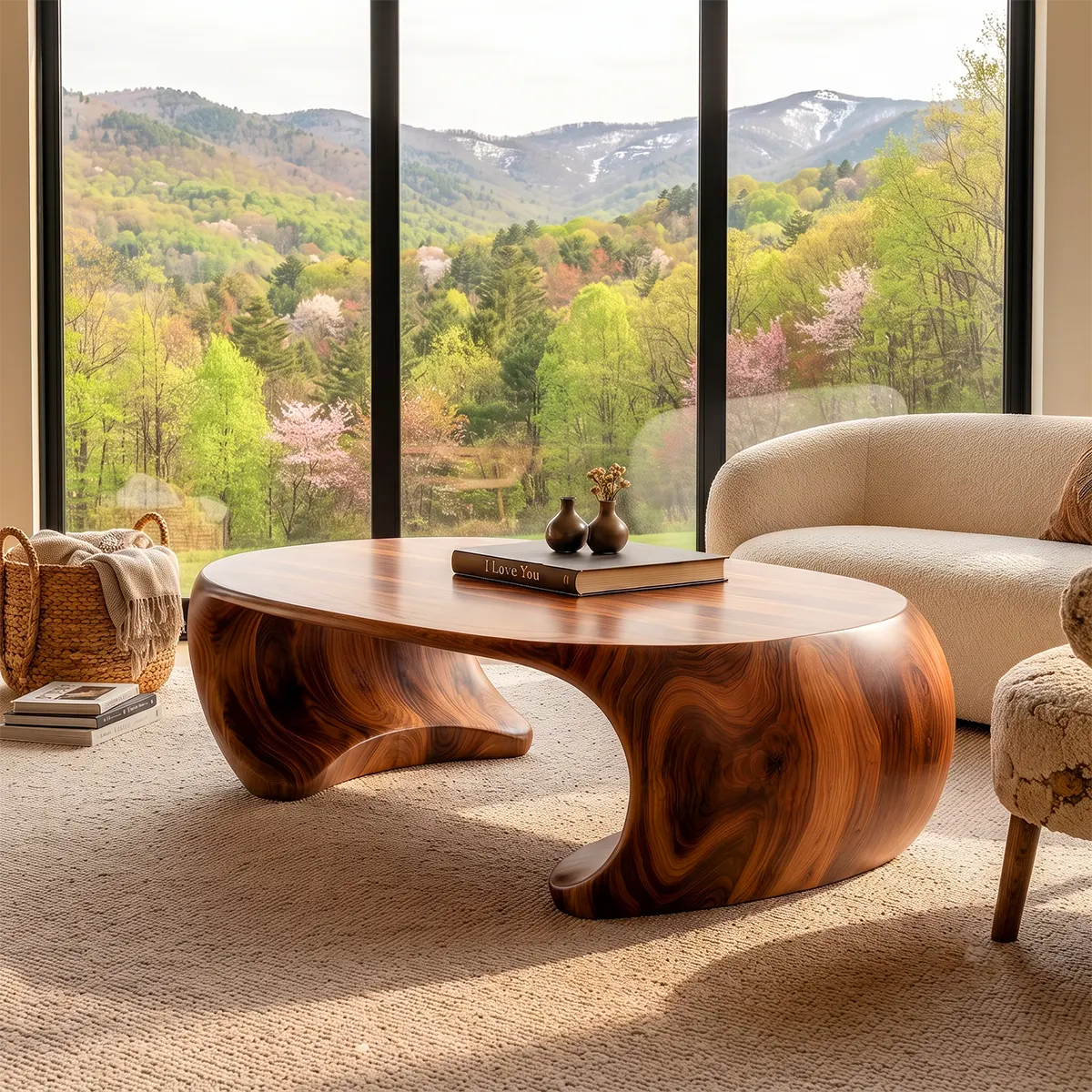 Sculptural Organic Coffee Table with Curved Solid Base | Modern Living Room Center Table TT006-7QSY9AG