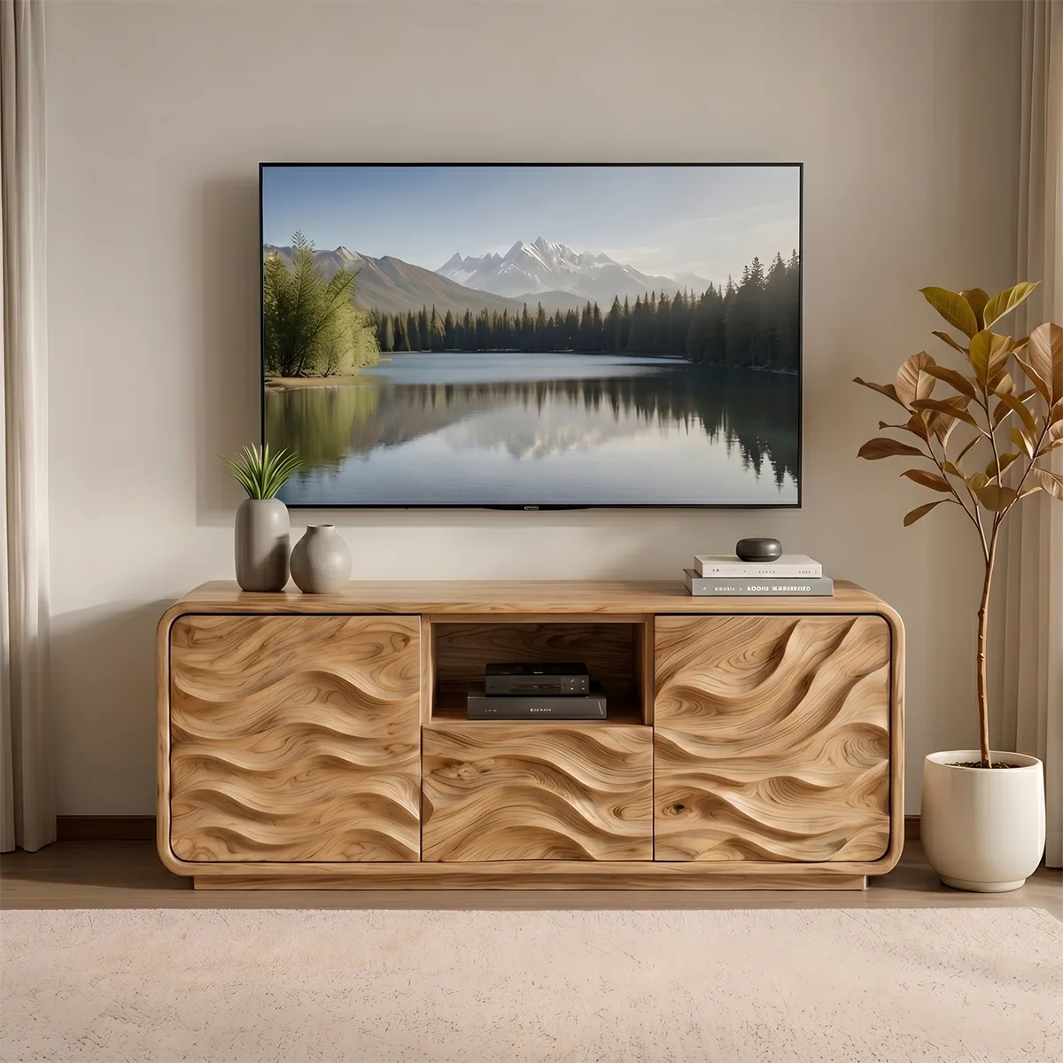 Modern Solid Wood Rounded TV Stand with Full Wavy Carved Facade