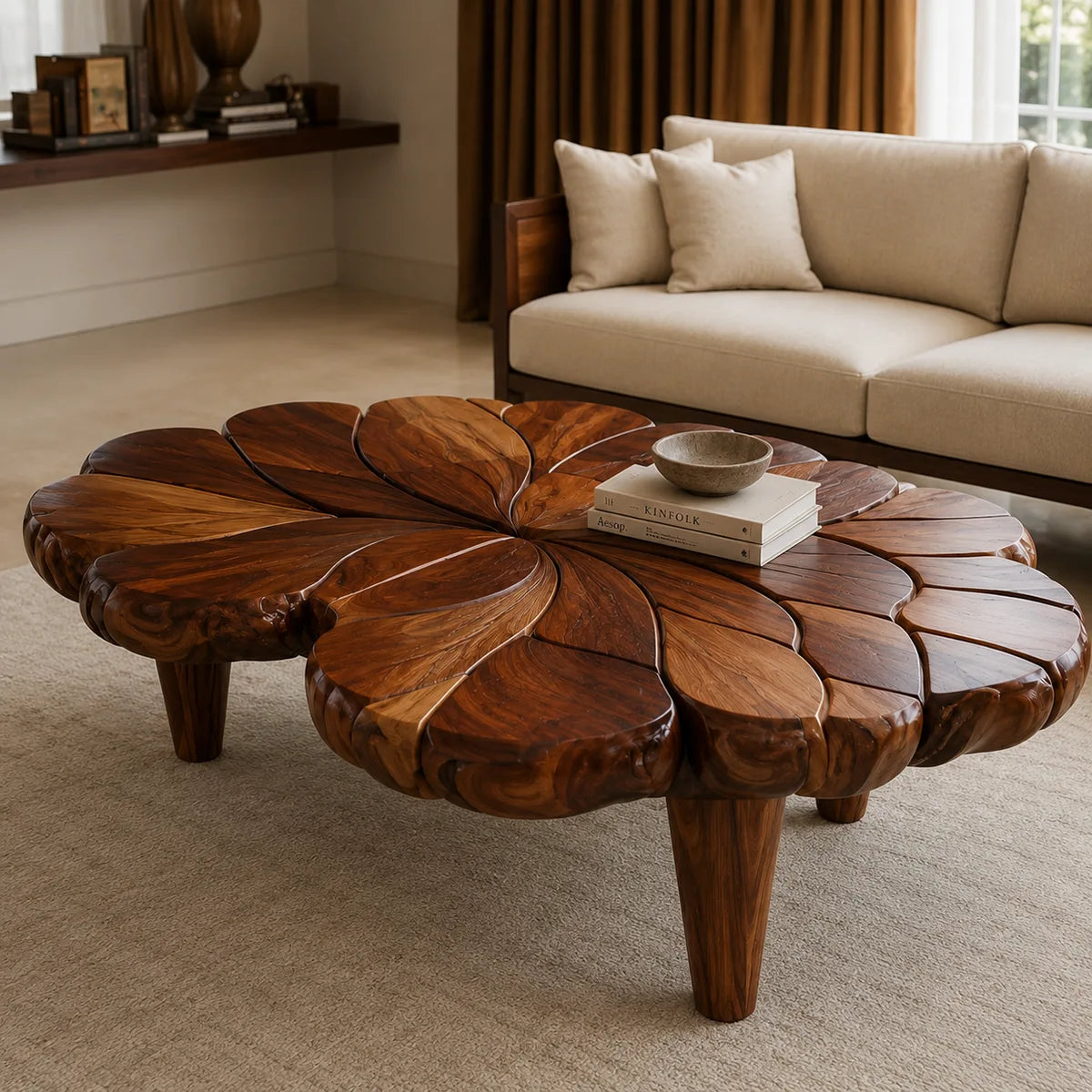Handcrafted Solid Wood Flower Coffee Table with Sculpted Petal Top TT006-6613
