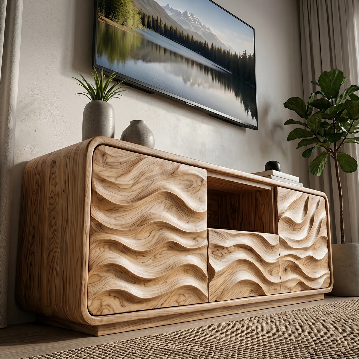 Modern Solid Wood Rounded TV Stand with Full Wavy Carved Facade