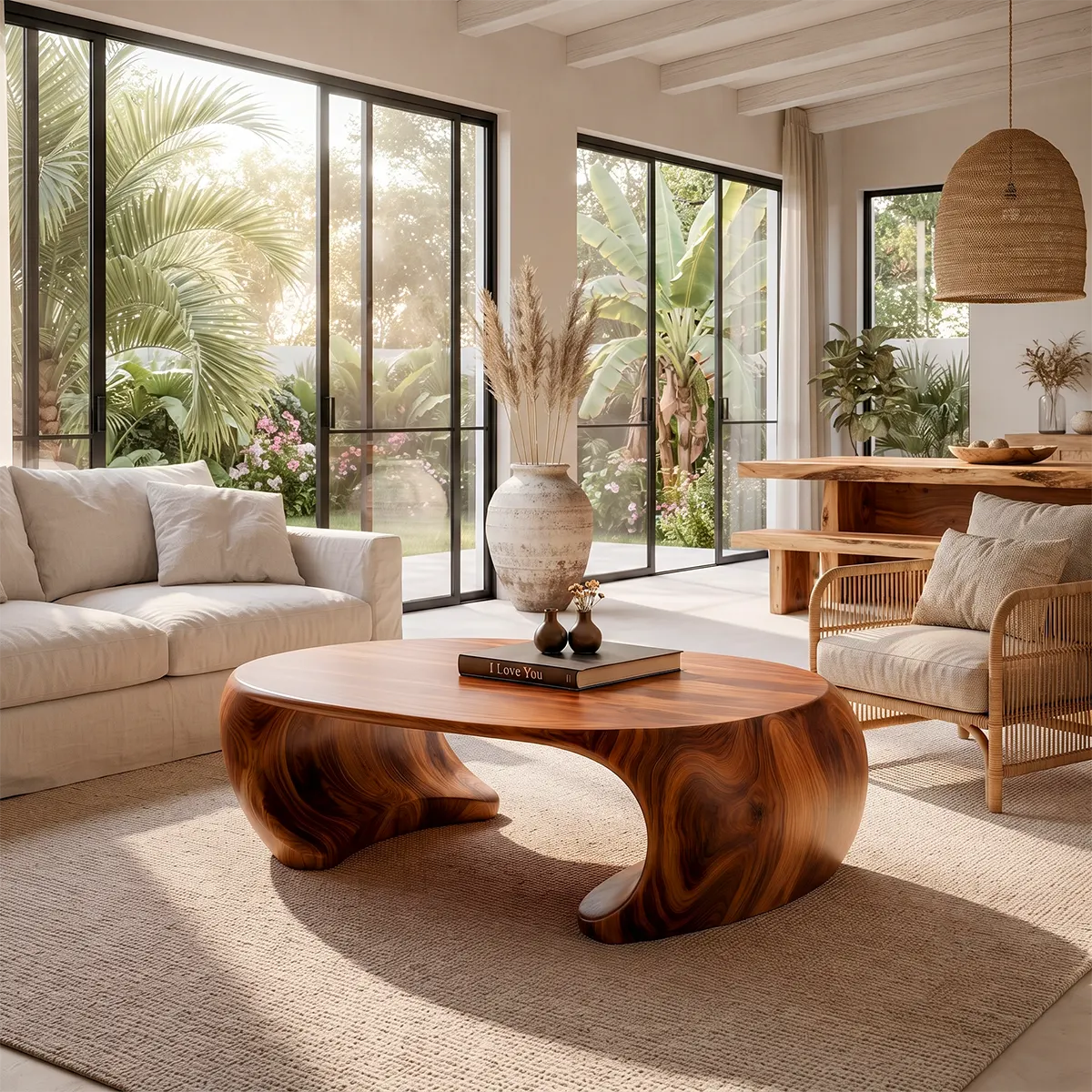Sculptural Organic Coffee Table with Curved Solid Base | Modern Living Room Center Table TT006-7QSY9AG