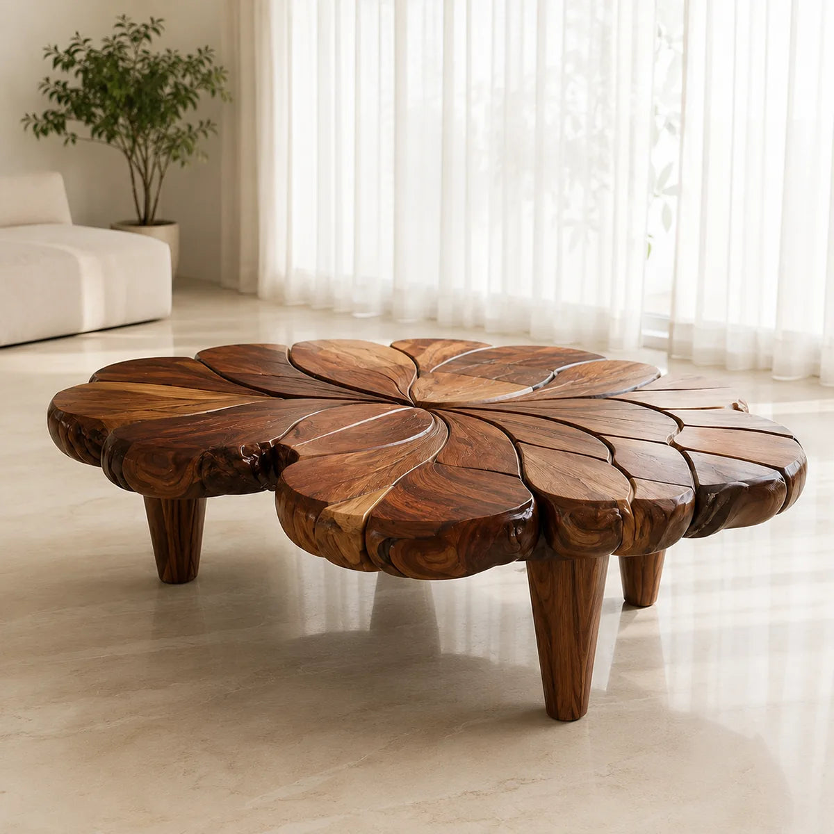Handcrafted Solid Wood Flower Coffee Table with Sculpted Petal Top TT006-6613