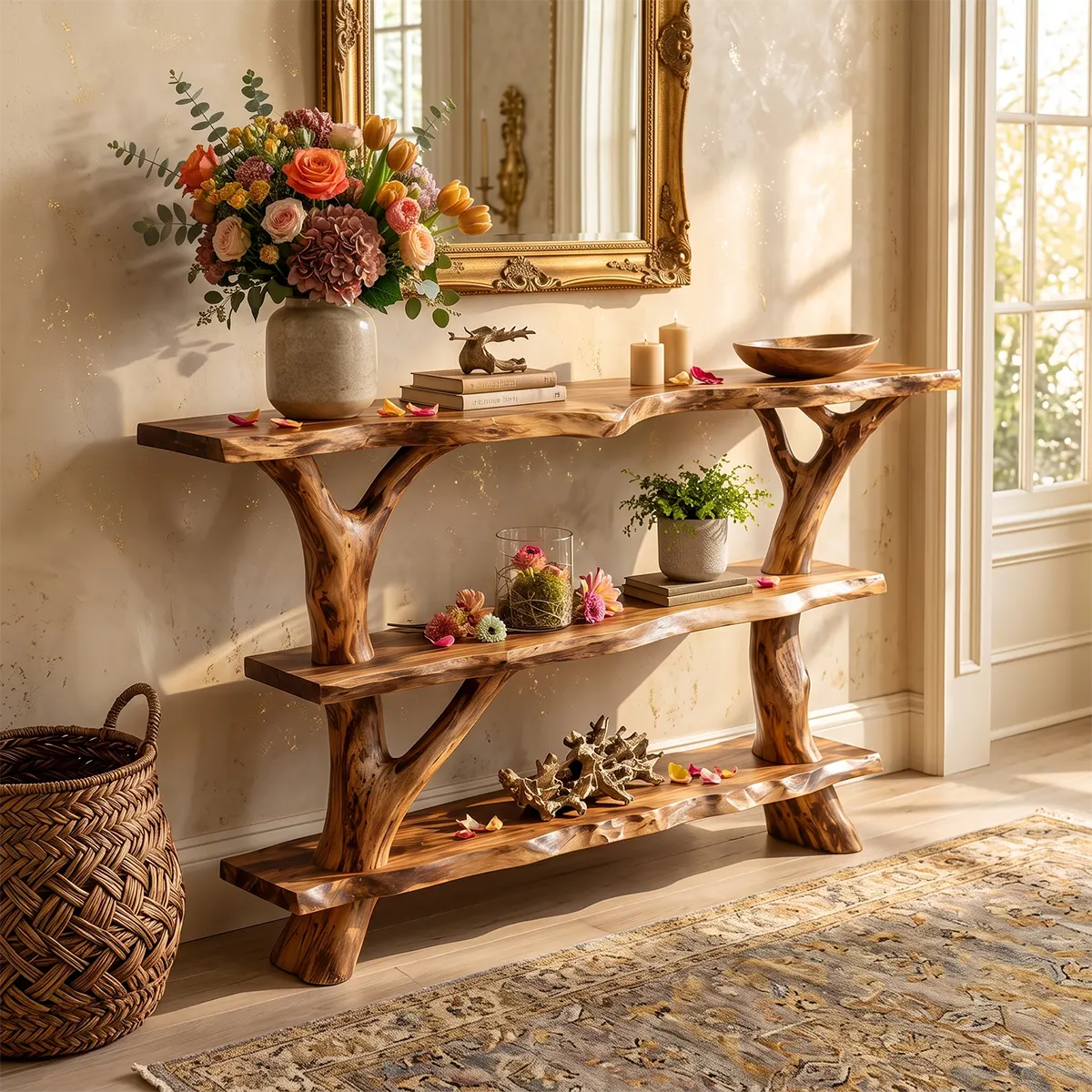 Rustic Live Edge Console Table | Solid Wood Entryway Console with Branch Base & Open Shelving TT006-1809