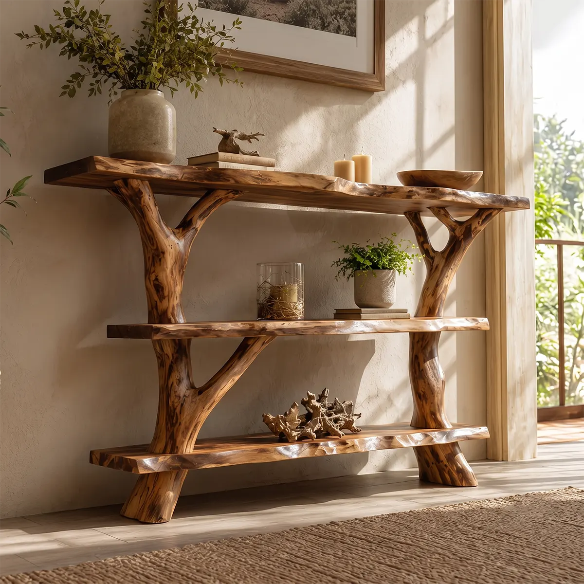 Rustic Live Edge Console Table | Solid Wood Entryway Console with Branch Base & Open Shelving TT006-1809