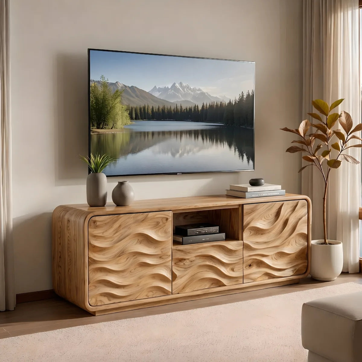 Modern Solid Wood Rounded TV Stand with Full Wavy Carved Facade