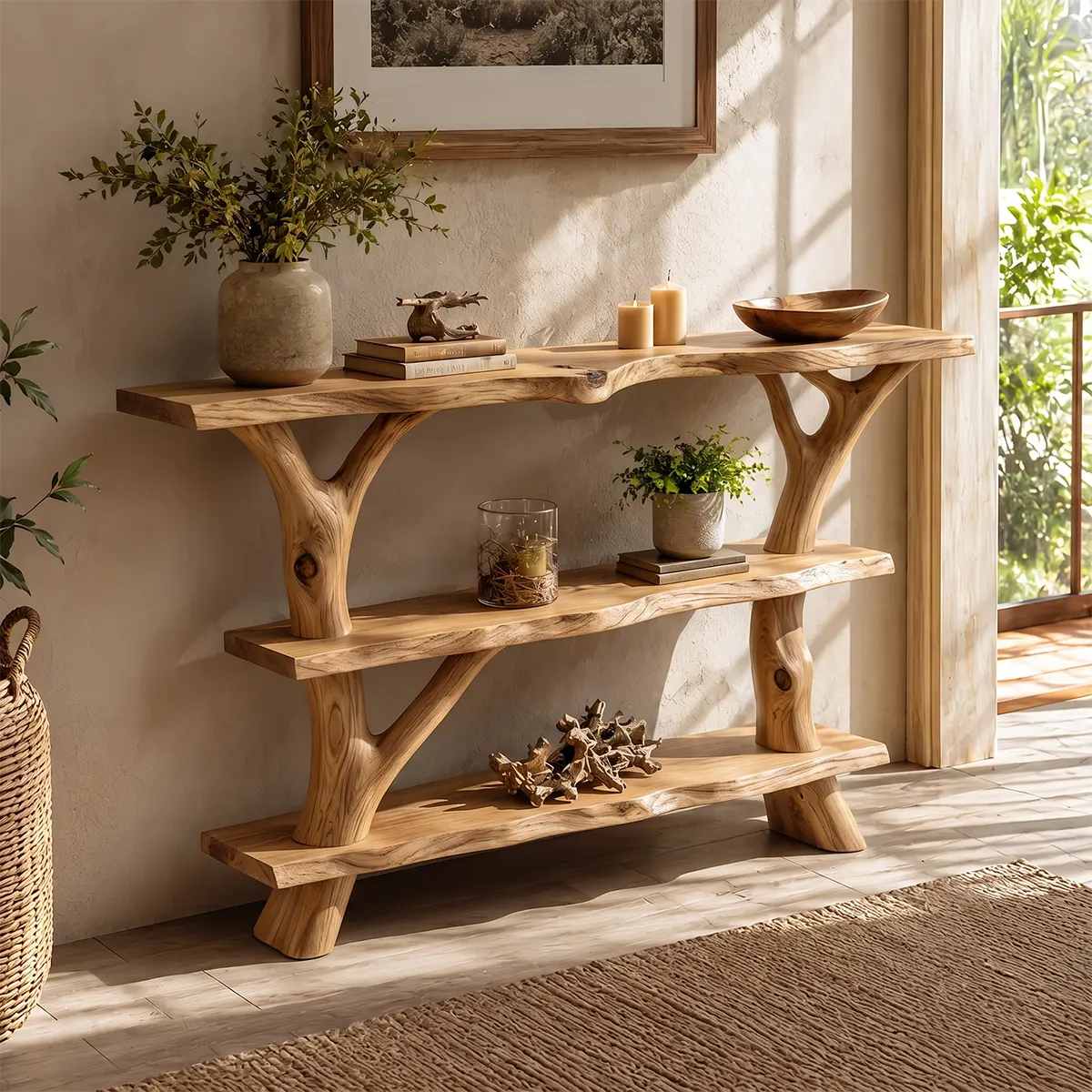 Rustic Live Edge Console Table | Solid Wood Entryway Console with Branch Base & Open Shelving TT006-1809
