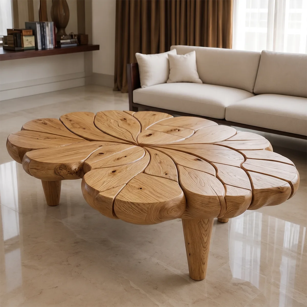 Handcrafted Solid Wood Flower Coffee Table with Sculpted Petal Top TT006-6613