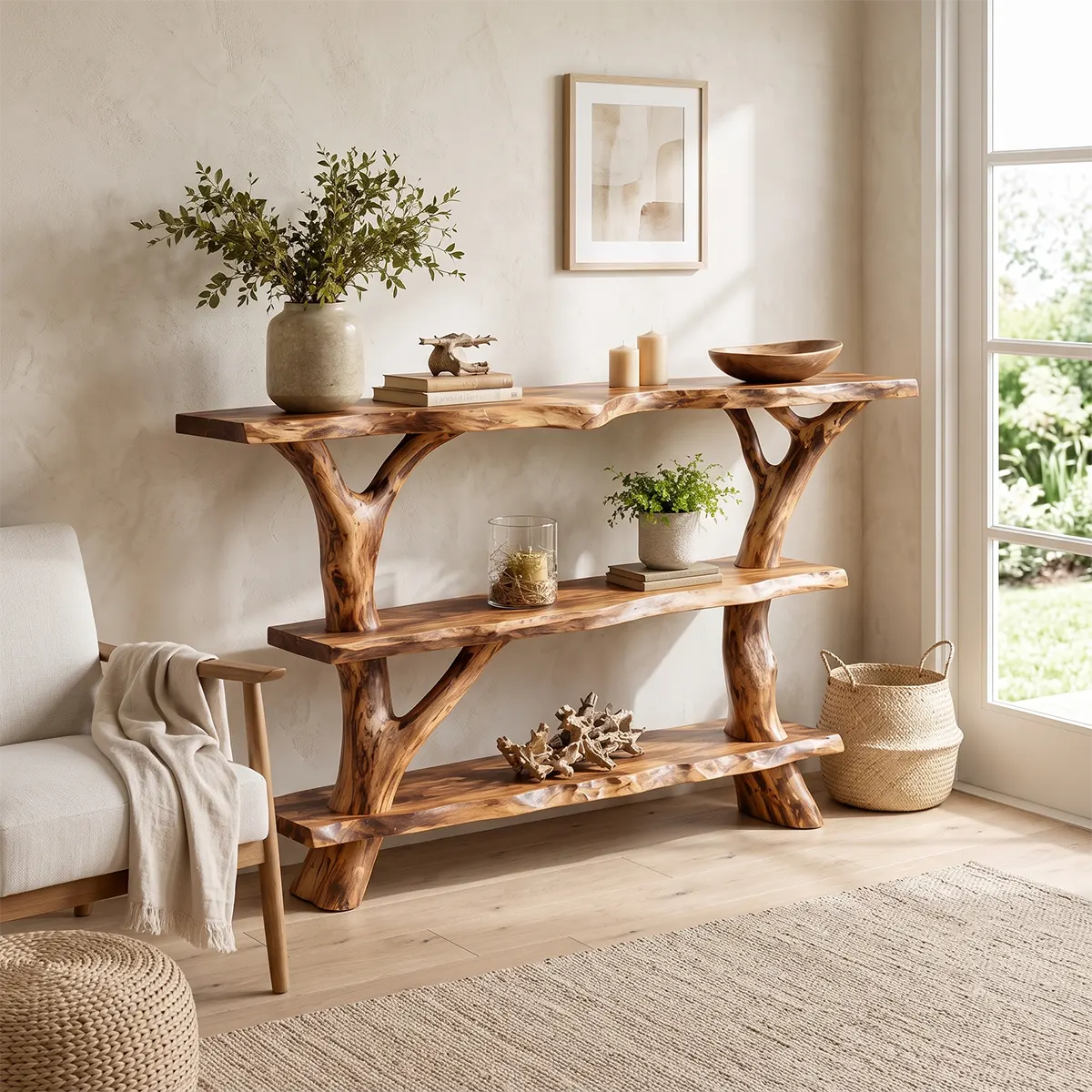 Rustic Live Edge Console Table | Solid Wood Entryway Console with Branch Base & Open Shelving TT006-1809