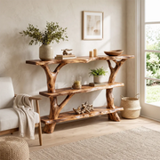 Rustic Live Edge Console Table | Solid Wood Entryway Console with Branch Base & Open Shelving TT006-1809