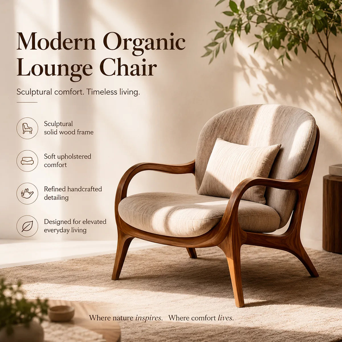 Solid Wood Lounge Chair | Sculptural Wooden Accent Chair for Modern Living Room TT006-1775