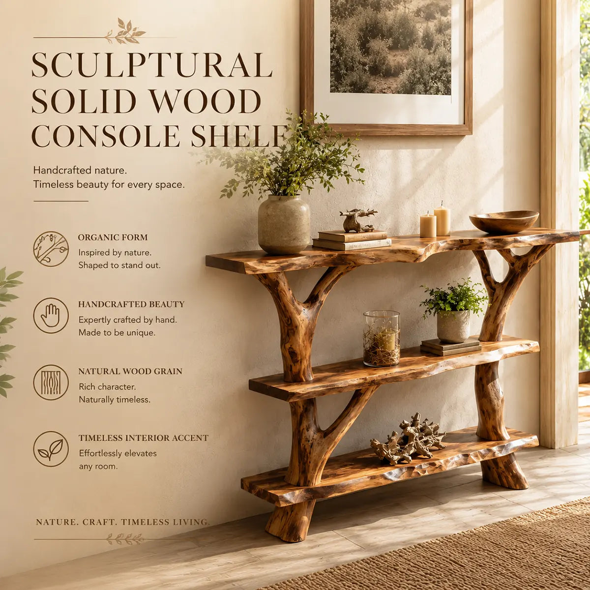 Rustic Live Edge Console Table | Solid Wood Entryway Console with Branch Base & Open Shelving TT006-1809