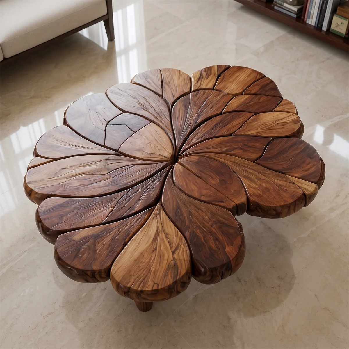 Handcrafted Solid Wood Flower Coffee Table with Sculpted Petal Top TT006-6613