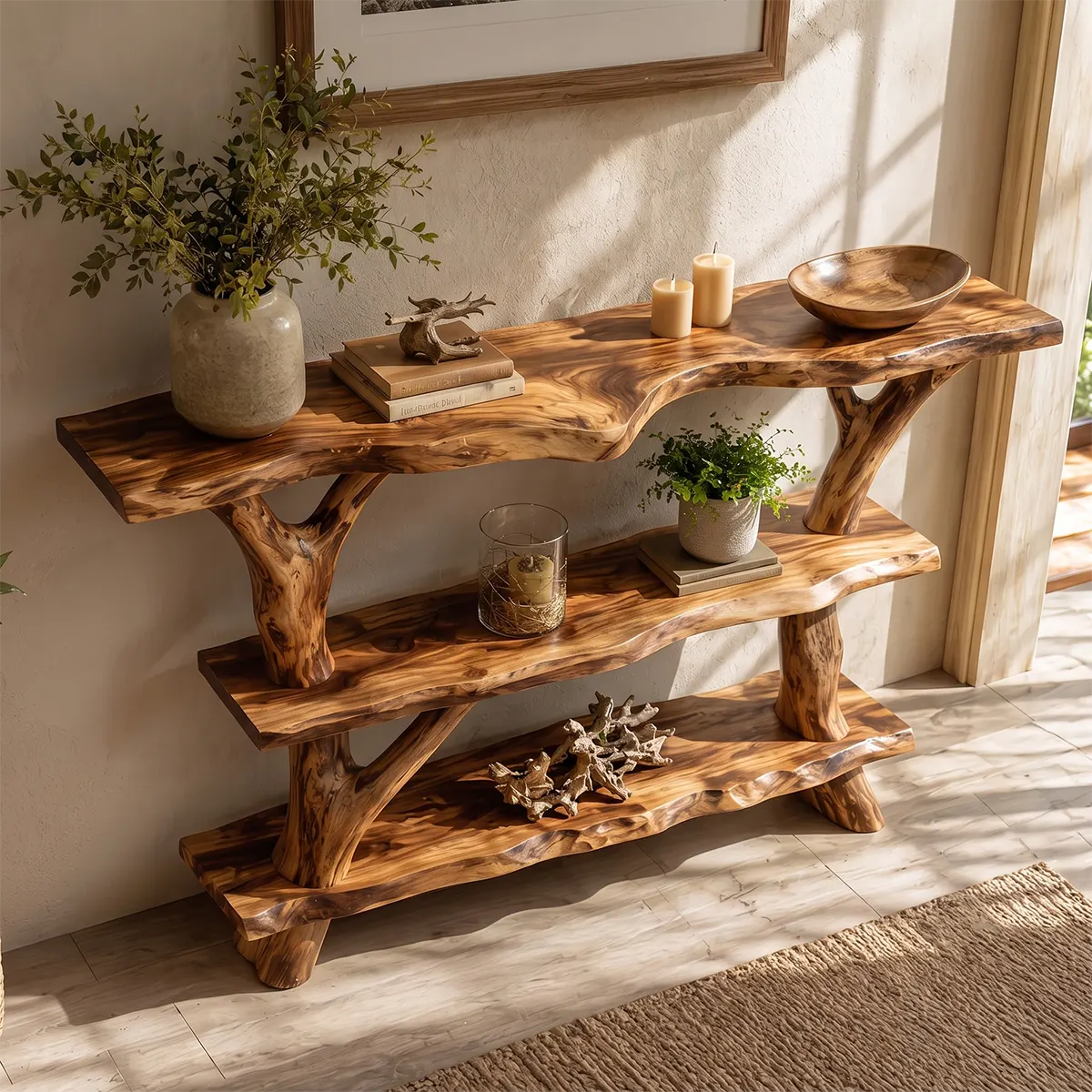 Rustic Live Edge Console Table | Solid Wood Entryway Console with Branch Base & Open Shelving TT006-1809