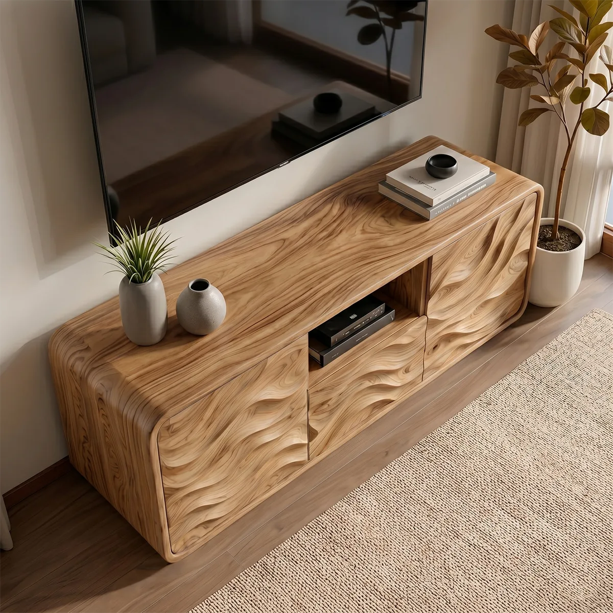 Modern Solid Wood Rounded TV Stand with Full Wavy Carved Facade