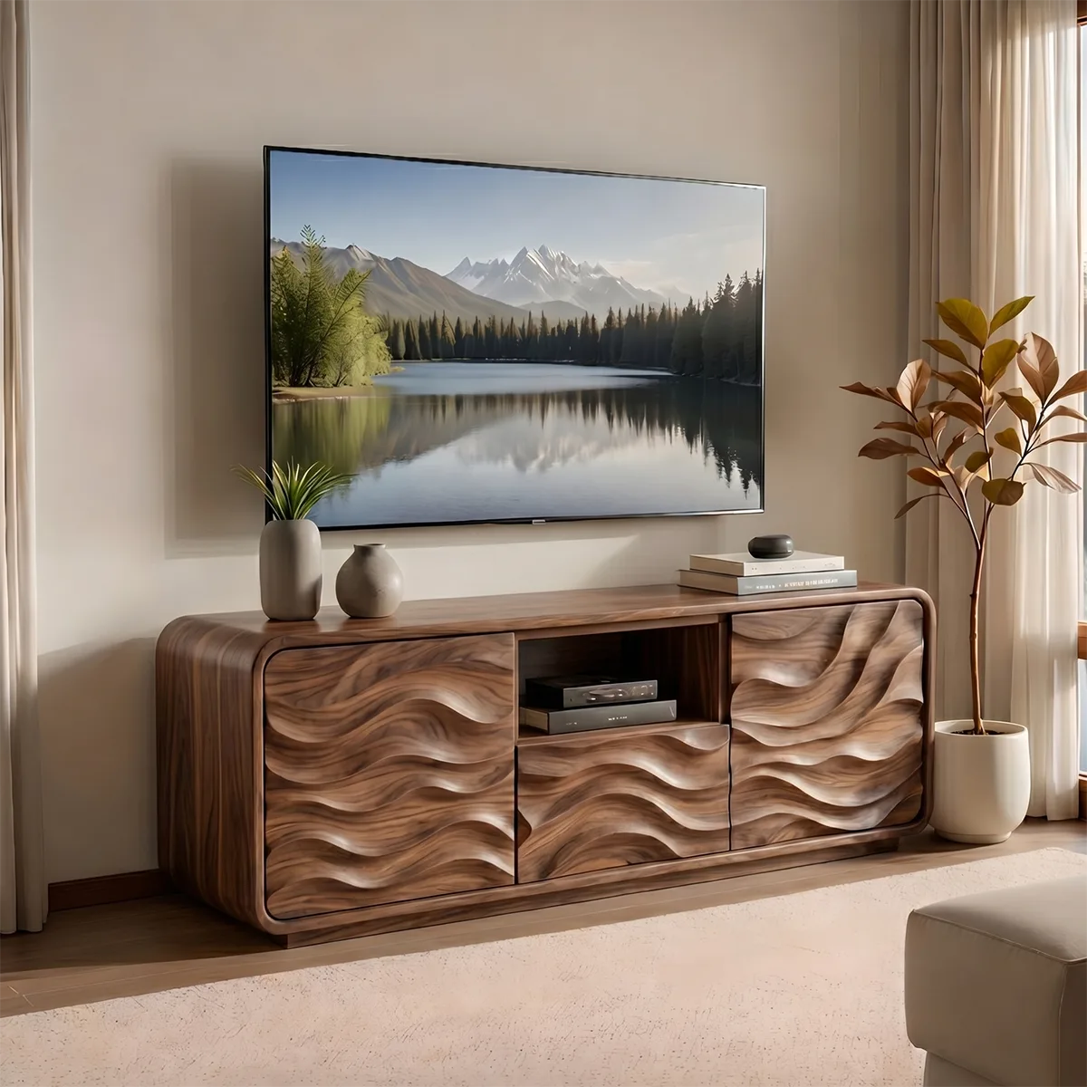 Modern Solid Wood Rounded TV Stand with Full Wavy Carved Facade