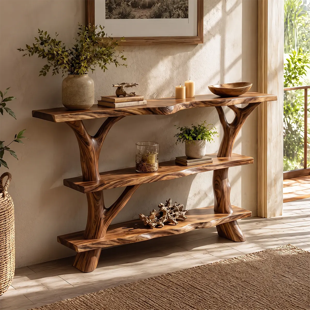 Rustic Live Edge Console Table | Solid Wood Entryway Console with Branch Base & Open Shelving TT006-1809