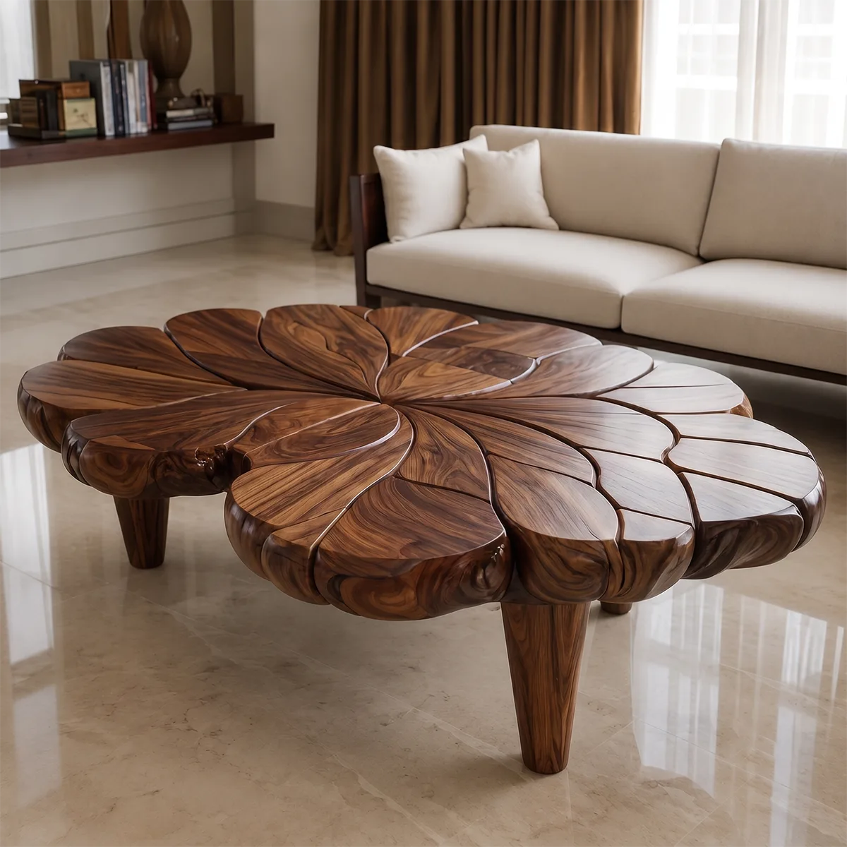 Handcrafted Solid Wood Flower Coffee Table with Sculpted Petal Top TT006-6613