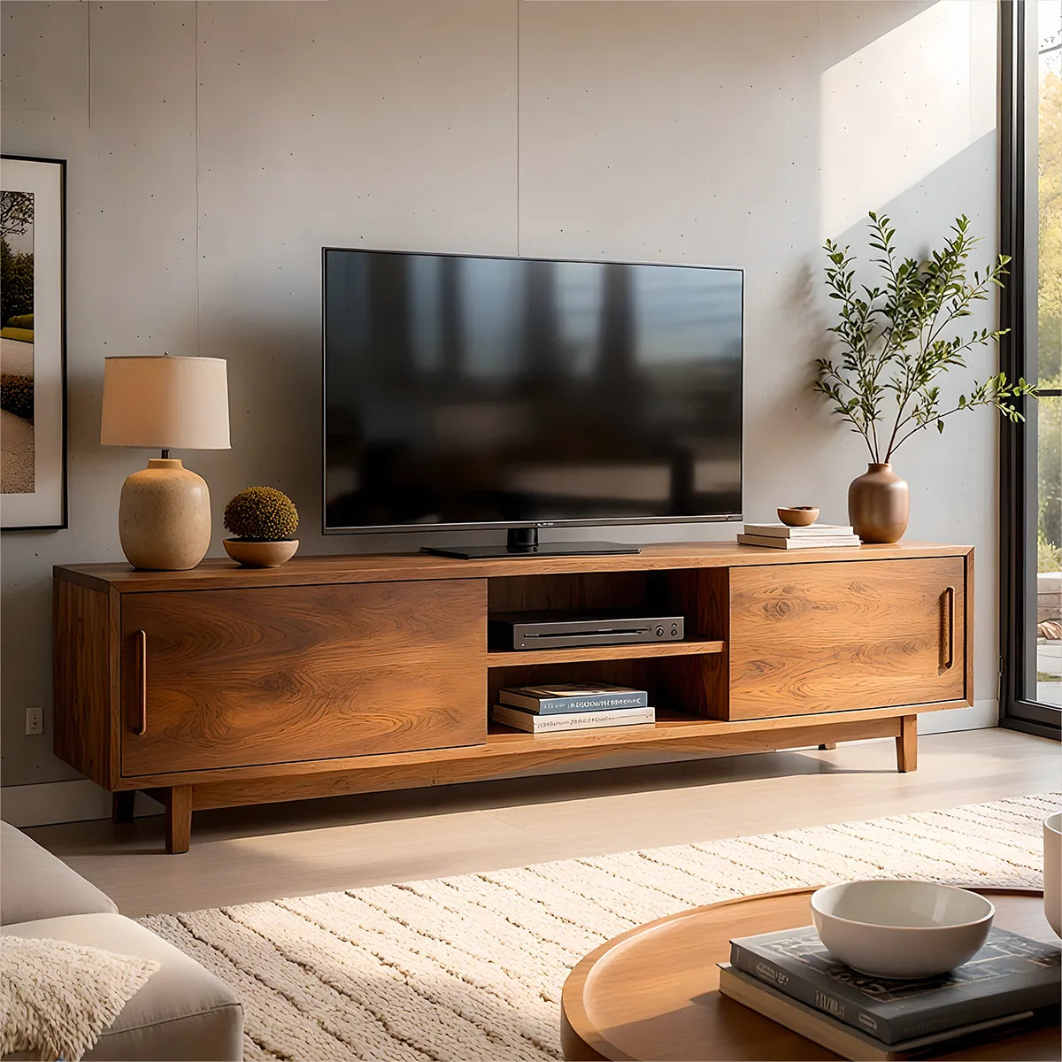 Modern Solid Wood TV Stand with Sliding Doors and Open Shelving
