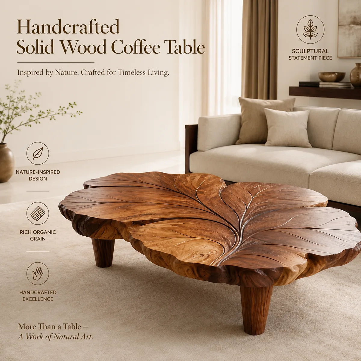 Handcrafted Solid Wood Coffee Table with Sculpted Leaf Top TT006-9389