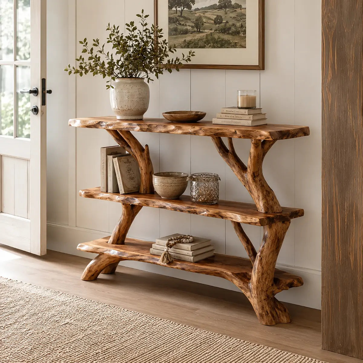 Rustic Live Edge Console Table with Storage Shelves | Solid Wood Entryway Display Console TT006-8325