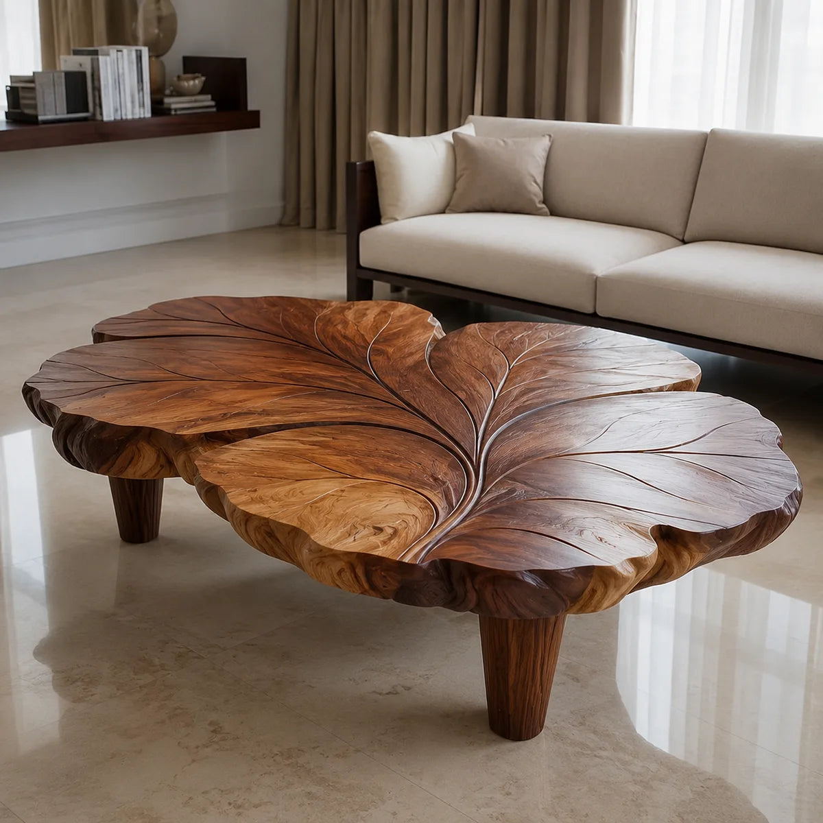 Handcrafted Solid Wood Coffee Table with Sculpted Leaf Top TT006-9389