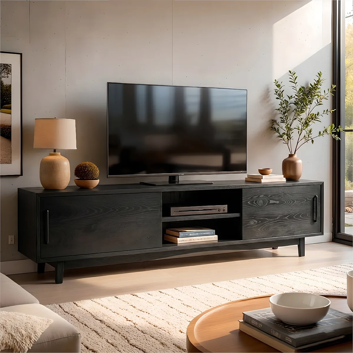 Modern Solid Wood TV Stand with Sliding Doors and Open Shelving