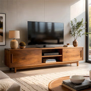 Modern Solid Wood TV Stand with Sliding Doors and Open Shelving