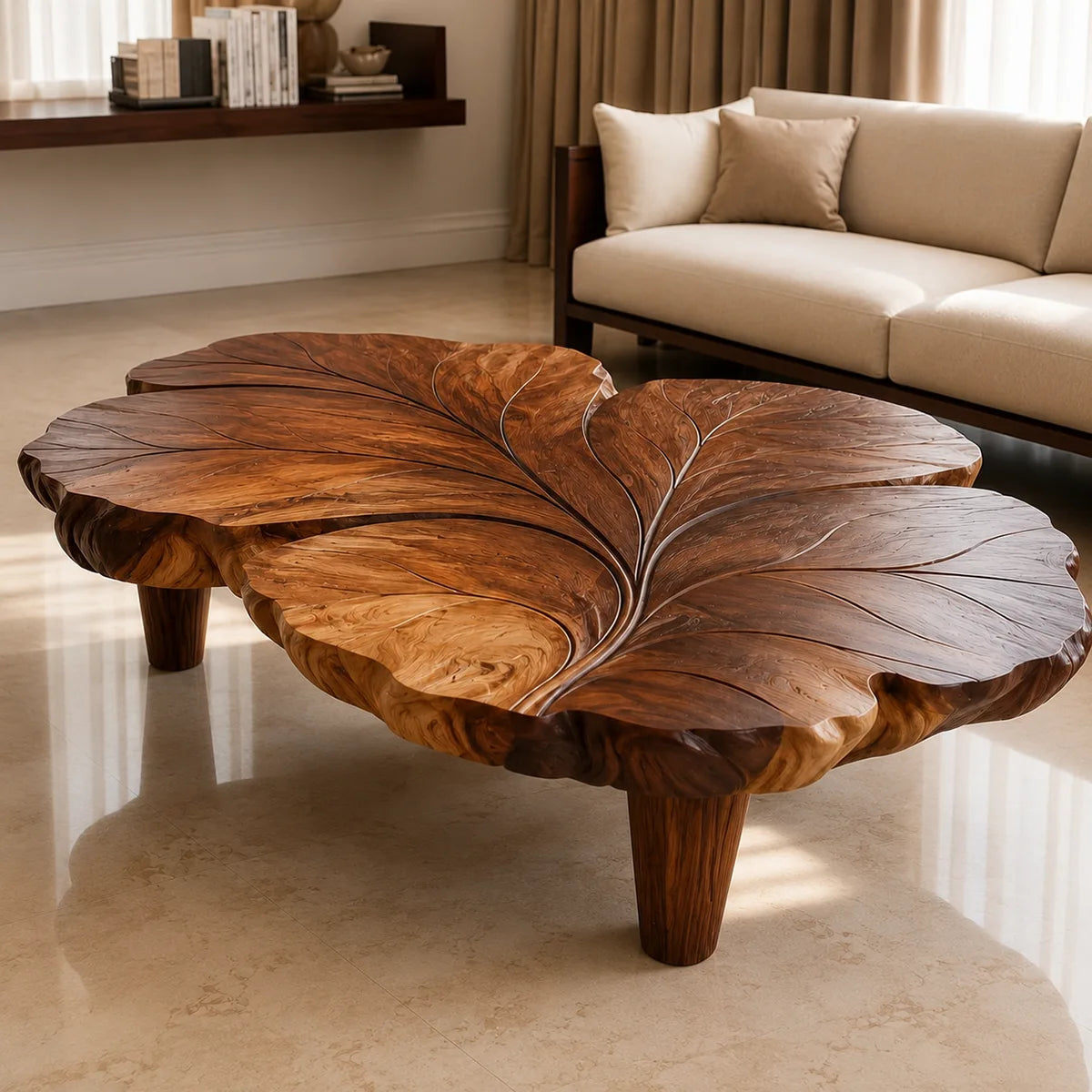 Handcrafted Solid Wood Coffee Table with Sculpted Leaf Top TT006-9389
