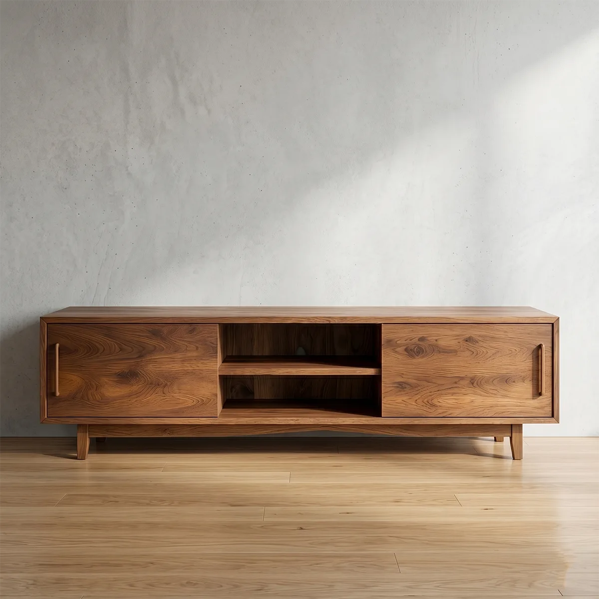Modern Solid Wood TV Stand with Sliding Doors and Open Shelving