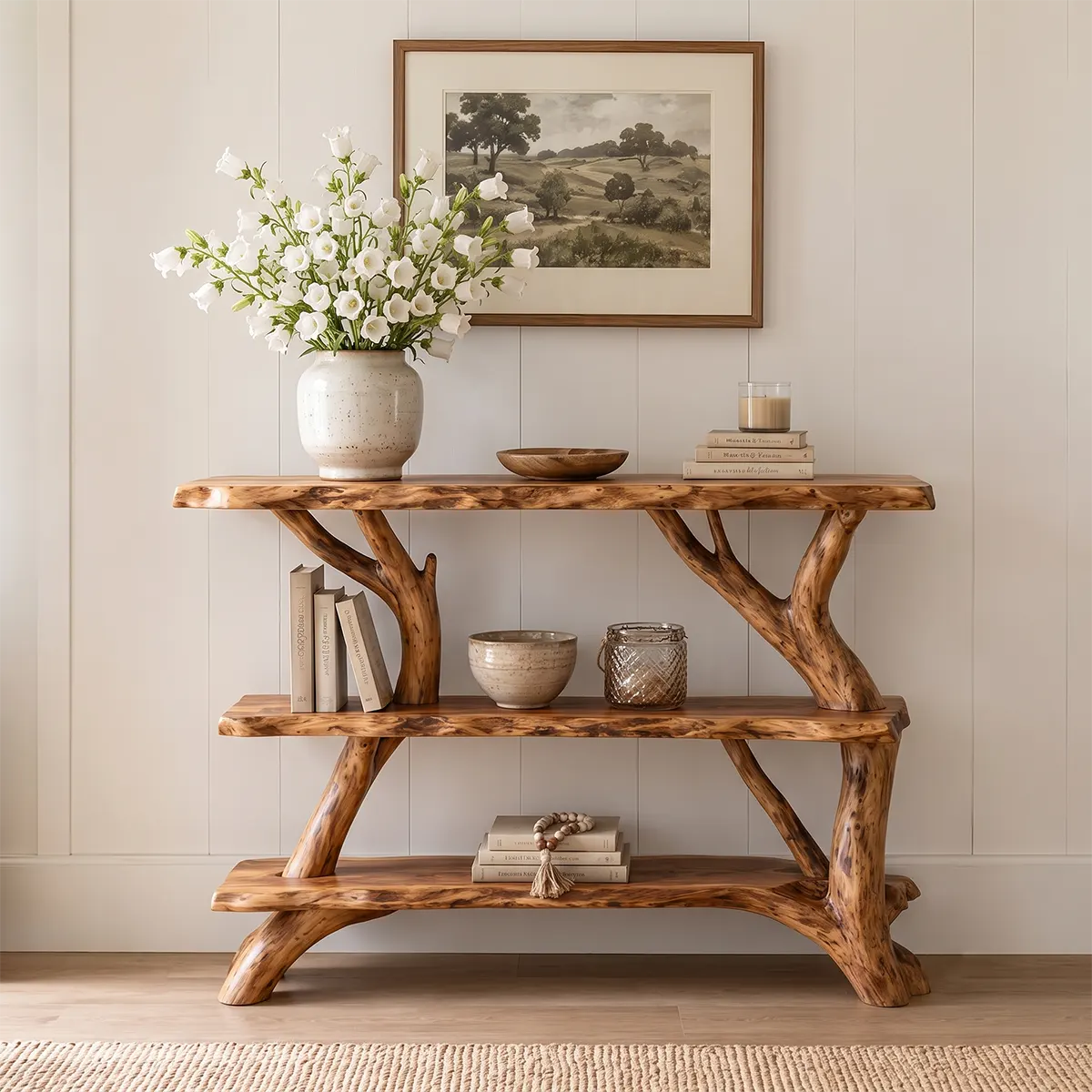 Rustic Live Edge Console Table with Storage Shelves | Solid Wood Entryway Display Console TT006-8325