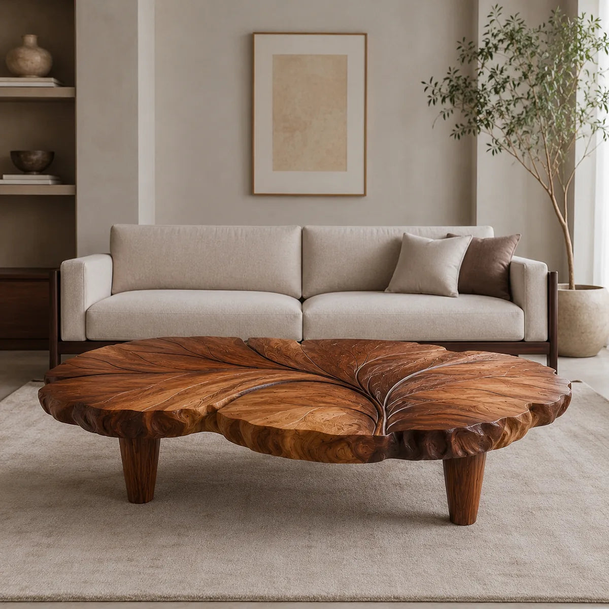 Handcrafted Solid Wood Coffee Table with Sculpted Leaf Top TT006-9389