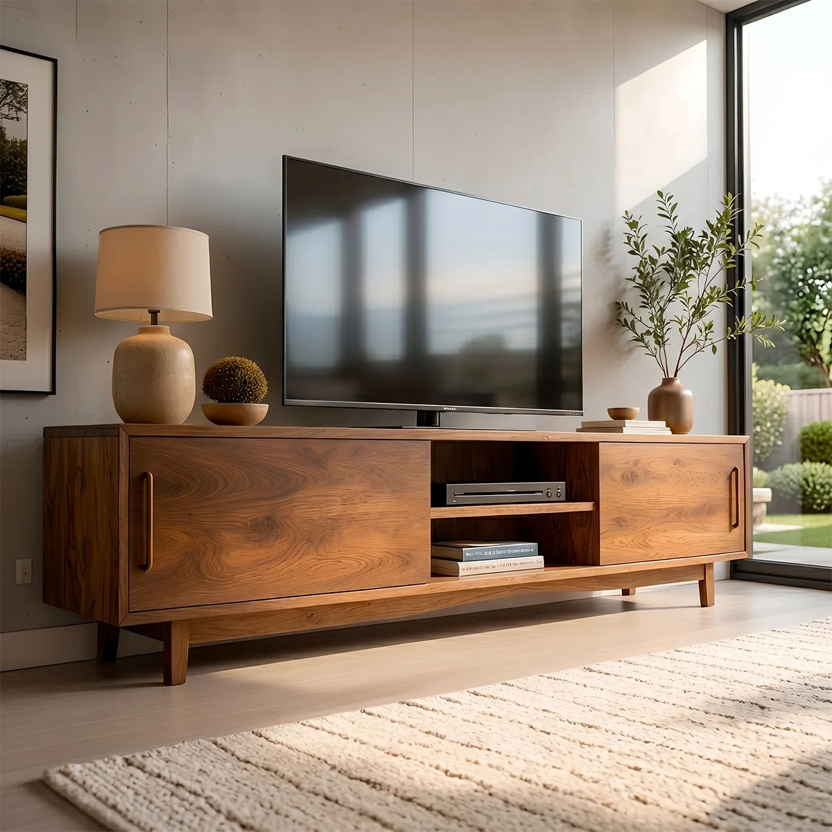 Modern Solid Wood TV Stand with Sliding Doors and Open Shelving