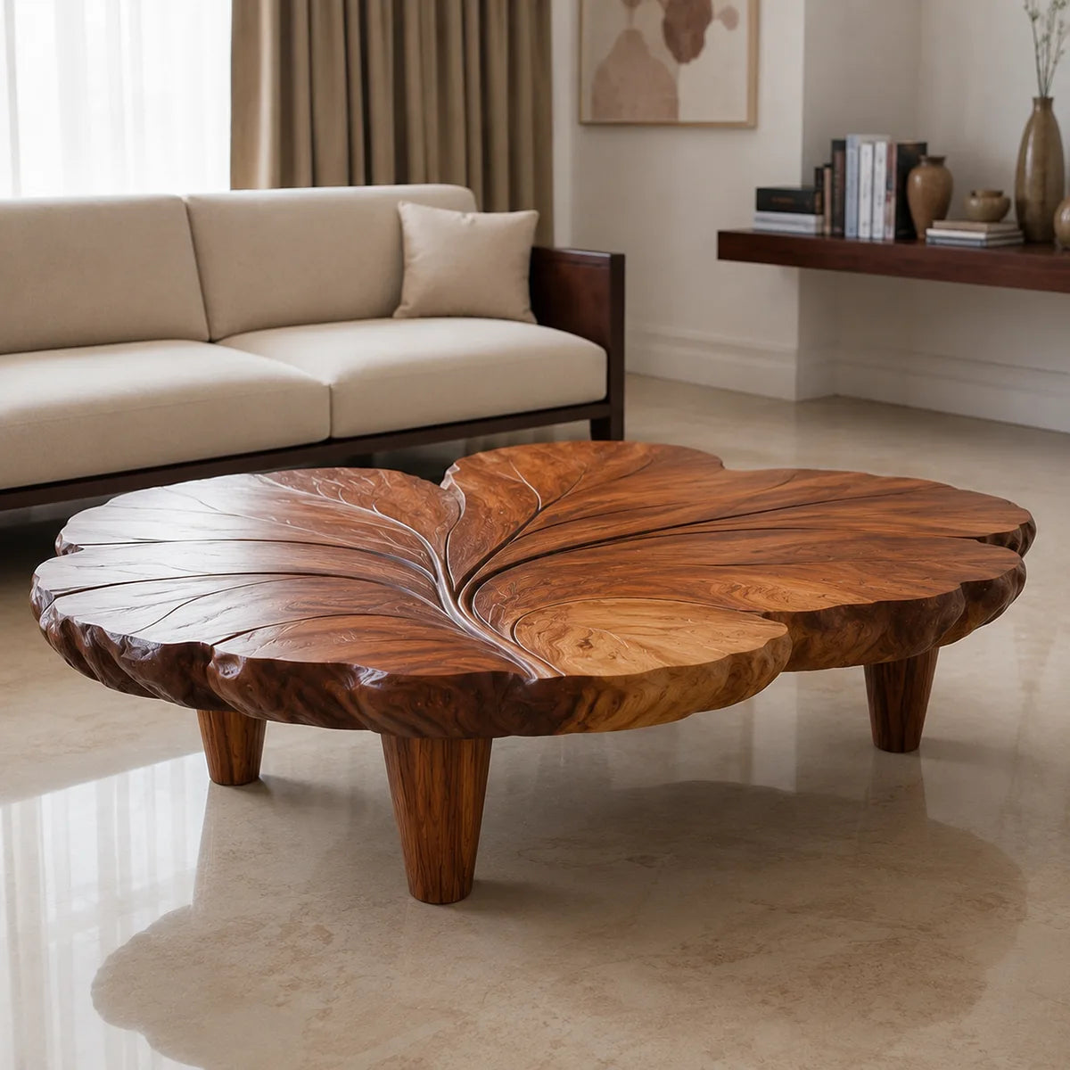 Handcrafted Solid Wood Coffee Table with Sculpted Leaf Top TT006-9389