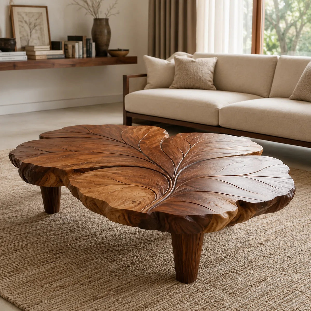 Handcrafted Solid Wood Coffee Table with Sculpted Leaf Top TT006-9389