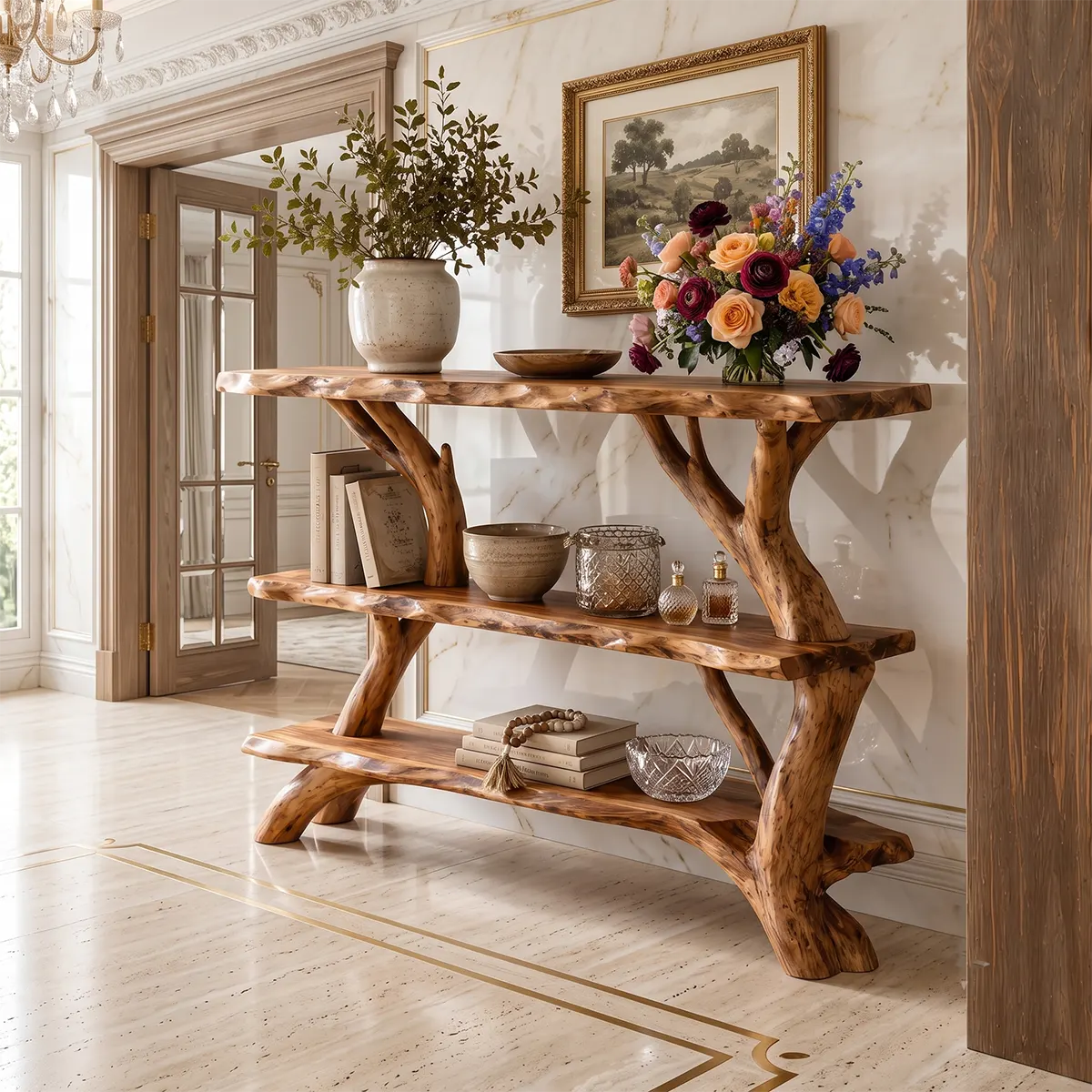 Rustic Live Edge Console Table with Storage Shelves | Solid Wood Entryway Display Console TT006-8325