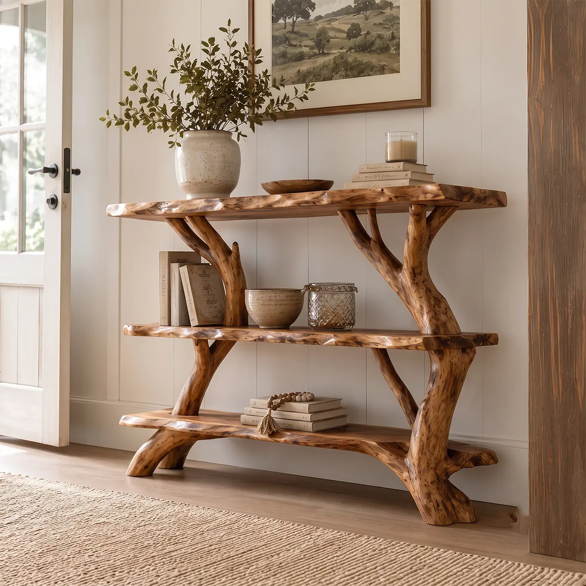 Rustic Live Edge Console Table with Storage Shelves | Solid Wood Entryway Display Console TT006-8325