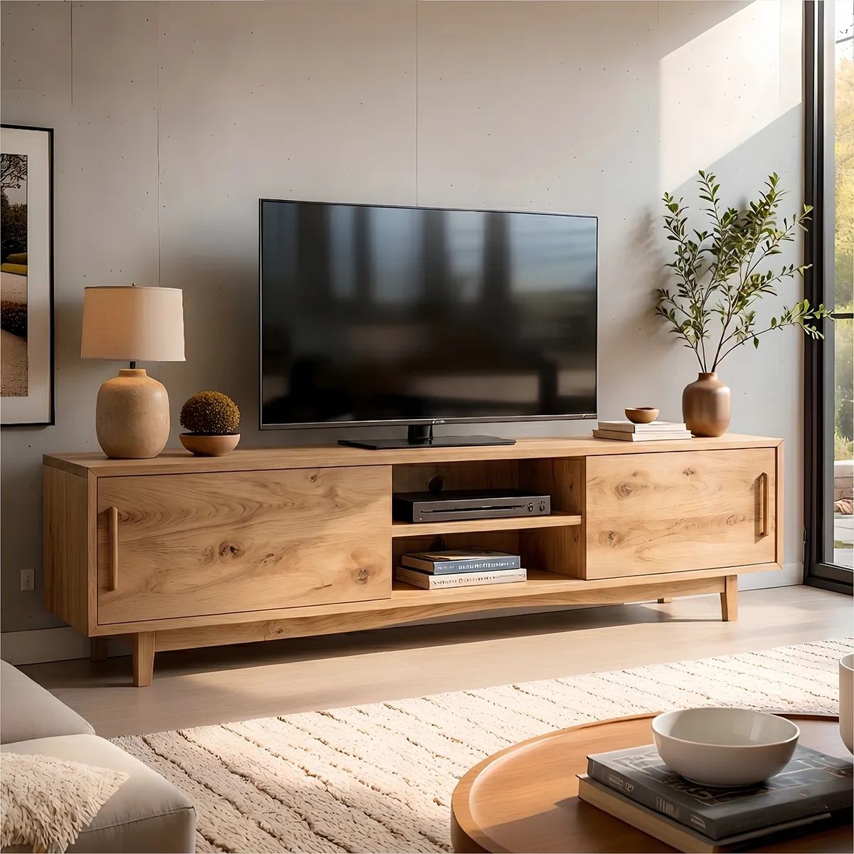 Modern Solid Wood TV Stand with Sliding Doors and Open Shelving