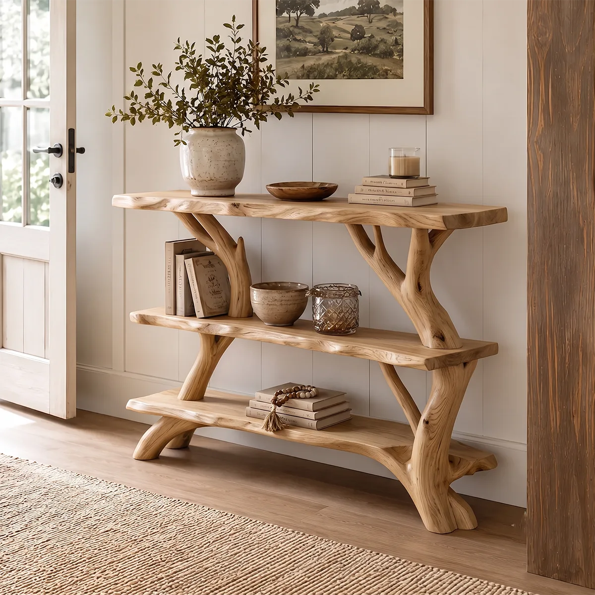 Rustic Live Edge Console Table with Storage Shelves | Solid Wood Entryway Display Console TT006-8325