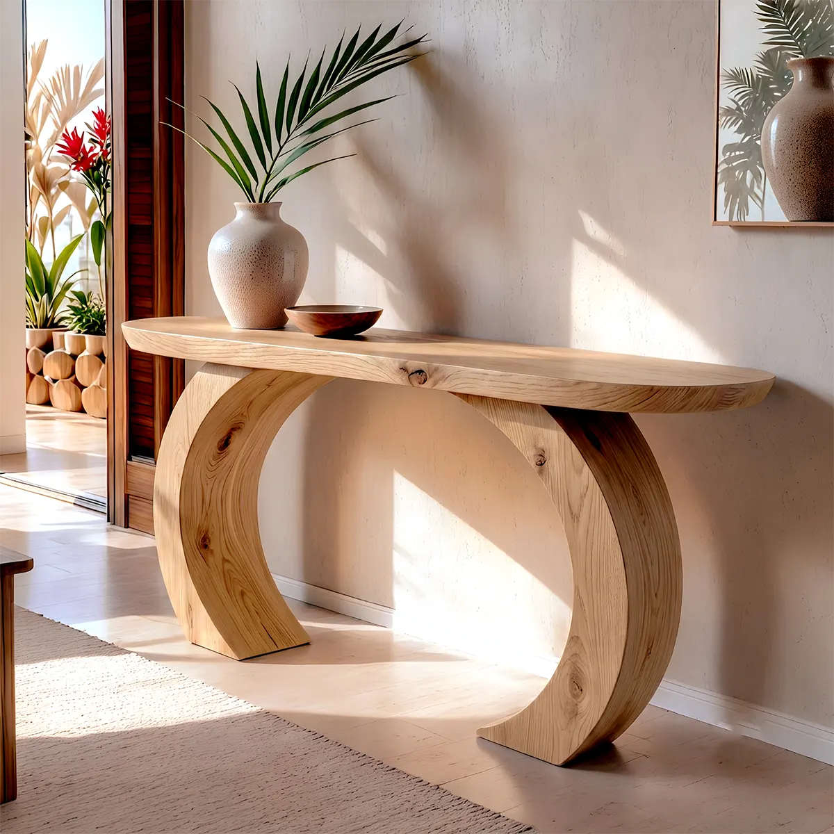 Modern Arch Base Console Table | Solid Wood Entryway Hallway Accent Table with Sculptural Pedestals TT006-9247